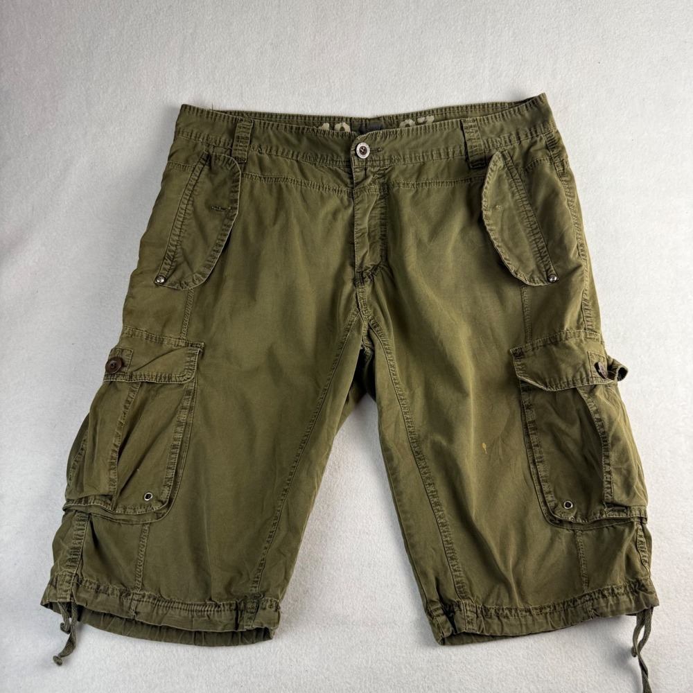 FUSAI Men's Olive Green Cotton Cargo Shorts Size 38 Relaxed Fit Drawstring Hem